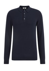 Polo de manga larga azul marino hecho de tejido de punto, con cuello, tapeta de tres botones y puños y bajo acanalados.