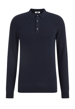Navyblauwe polo met lange mouwen van gebreid materiaal, voorzien van een kraag, een drieknoopsluiting en geribbelde manchetten en zoom.