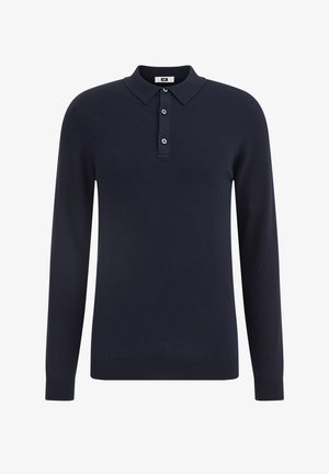 Tume sinine pikakä sleeves polo särk, mis on valmistatud kudumiskangast, omab kraed, kolme nupuga seelikut ning soonikkoes varruka- ja hemme.