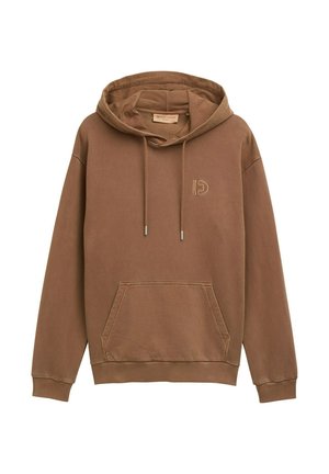 Hnědá mikina s měkkou texturou, vybavená přední kapsou, stahovacími šňůrkami a vyšitým logem na hrudi. K dispozici v volném střihu.