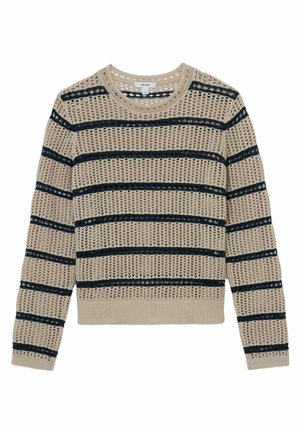Beige strikket sweater med sorte vandrette striber og åben hæklet mønster, lange ærmer, rund hals og ribkant ved kant og manchetter.