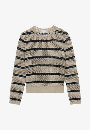 Pulover tricotat bej cu dungi orizontale negre și model deschis de croșetat, mâneci lungi, guler rotund și tiv și manșete elastice.