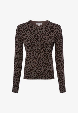 Brązowy kardigan z długim rękawem na guziki z czarnym wzorem w panterkę, okrągłym dekoltem oraz prążkowanym obszyciem na dole i mankietach.