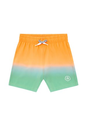 Orange to green gradient swim shorts with elastic waistband and black-and-white drawstring, featuring a small white logo on the leg.