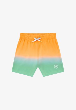 Svømmebukser med gradient fra orange til grøn, elastisk taljebånd og sort-hvid snor, med et lille hvidt logo på benet.