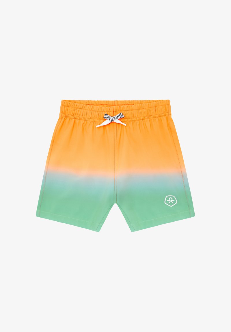 Bañador con degradado de naranja a verde, cinturilla elástica y cordón negro y blanco, con un pequeño logo blanco en la pierna.