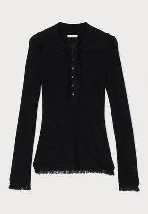 Juodas ilgomis rankovėmis viršus su apykakle, su nelygiais kraštais ir mygtukų uždarymu priekyje. Minkšta, tekstūrinė medžiaga.