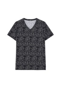 V-neck t-shirt in dark navy with a light grey floral pattern. Short sleeves, soft fabric, and a relaxed fit design.