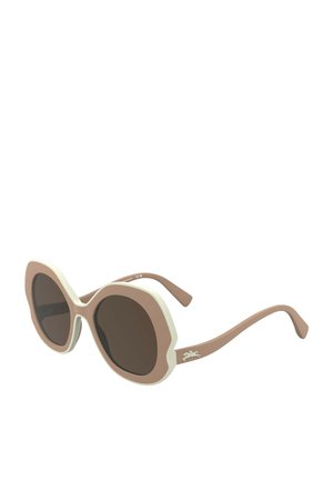 Przeciwsłoneczne okulary w oversize'owym stylu z okrągłymi soczewkami; brązowa oprawka z białymi akcentami; gładka tekstura; wygrawerowane logo z boku.
