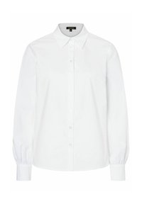 Weißes Langarmshirt aus Baumwolle mit klassischem Kragen und Knopfverschluss vorne, mit gerafften Ärmeln an den Bündchen für eine lockere Passform.