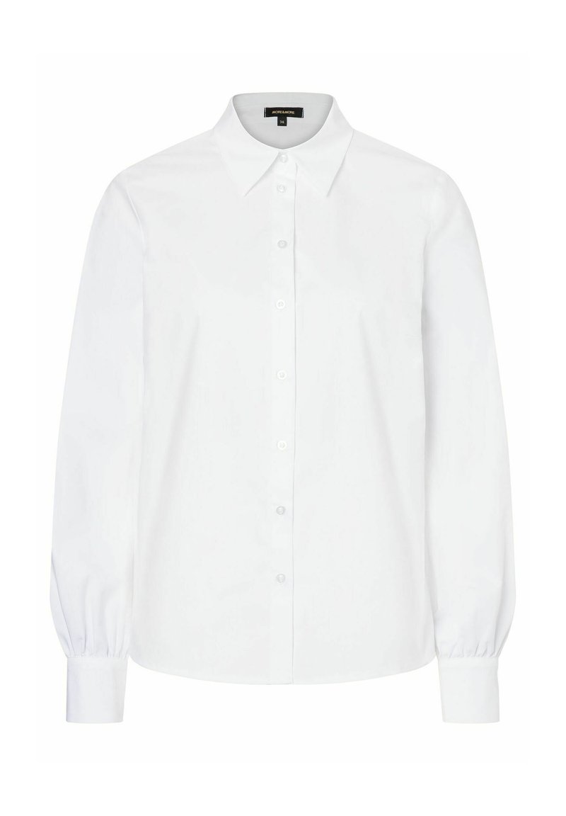 Weißes Langarmshirt aus Baumwolle mit klassischem Kragen und Knopfverschluss vorne, mit gerafften Ärmeln an den Bündchen für eine lockere Passform.