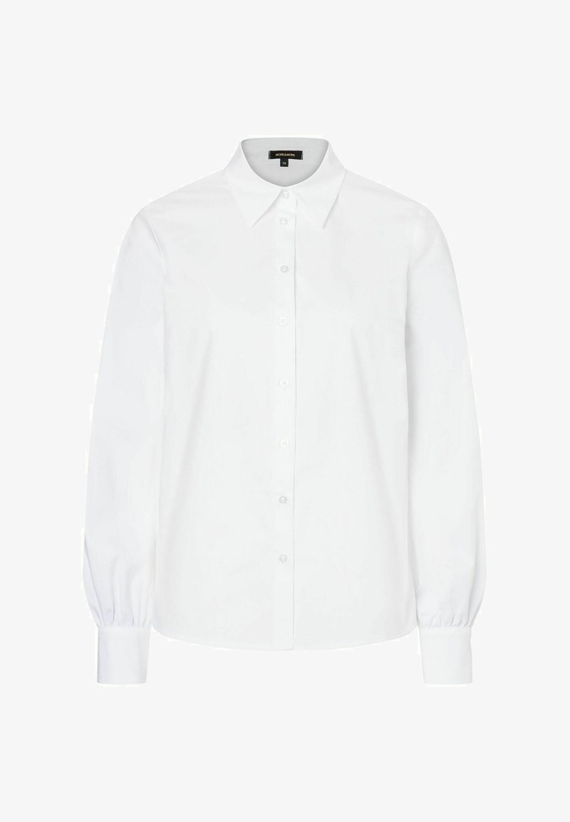 Weißes Langarmshirt aus Baumwolle mit klassischem Kragen und Knopfverschluss vorne, mit gerafften Ärmeln an den Bündchen für eine lockere Passform.