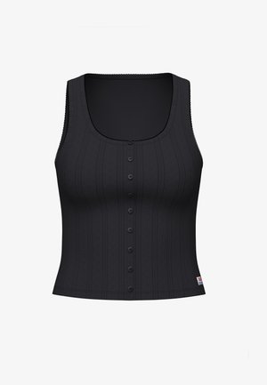 Schwarzes Tanktop mit Rundhalsausschnitt, geripptem Material und einer Reihe von sechs Knöpfen auf der Vorderseite. Mit dekorativer Naht an den Kanten.