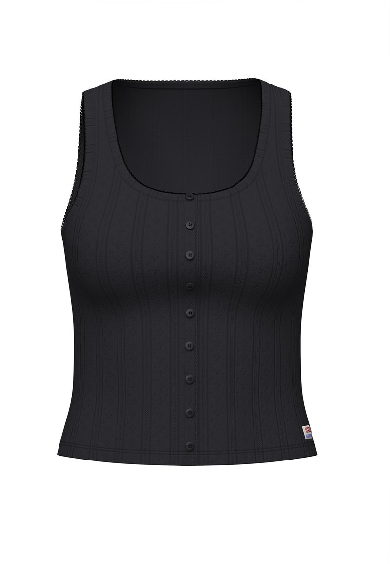 Schwarzes Tanktop mit Rundhalsausschnitt, geripptem Material und einer Reihe von sechs Knöpfen auf der Vorderseite. Mit dekorativer Naht an den Kanten.