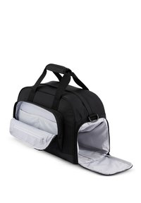 Fekete sporttáska két fogantyúval, cipzáros elülső zsebbel és világos belső béléssel. Téglalap alakú, tartós anyagból készült.