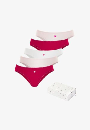 Five pairs of women's bikini panties in red, white, and pink with small heart designs, displayed next to a matching heart-patterned box.