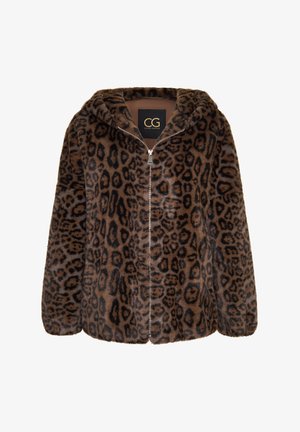 Bruine luipaardprint nepbont hoodie met rits, voorzien van een zachte textuur, capuchon en een rechte snit, met een soepele ritssluiting.