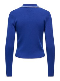 Pull à manches longues en tricot côtelé bleu avec un col polo rayé blanc et un ourlet arrondi. Présente une texture lisse et une silhouette ajustée.