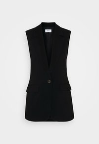 Black sleeveless vest with a tailored design, featuring a single button closure, structured lapels, and side pockets.