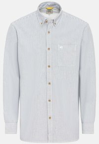 Chemise boutonnée rayée bleu clair et blanche avec une poche et des boutons marron. Elle présente un col pointu et des manches longues avec des poignets boutonnés.