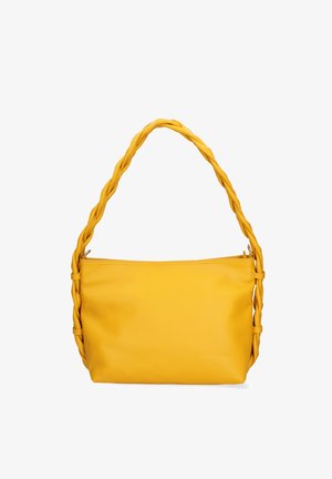 Gele handtas met een gevlochten riem en een gladde body, rechtop weergegeven tegen een witte achtergrond.