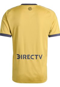 Gelbes Sporttrikot mit navyblauen Akzenten, Rundhalsausschnitt und kurzen Ärmeln. "DIRECTV"-Logo auf der Rückseite gedruckt. Glatte Stofftextur.