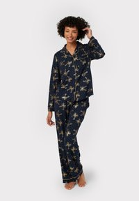 Chelsea Peers GOLD FOIL RIBBON BOW LONG SET - Pyjamas - navy