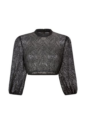 Schwarzes transparentes Croptop mit langen, aufgeblähten Ärmeln und einem dezenten Zickzackmuster, mit hohem Kragen und enganliegenden Bündchen.