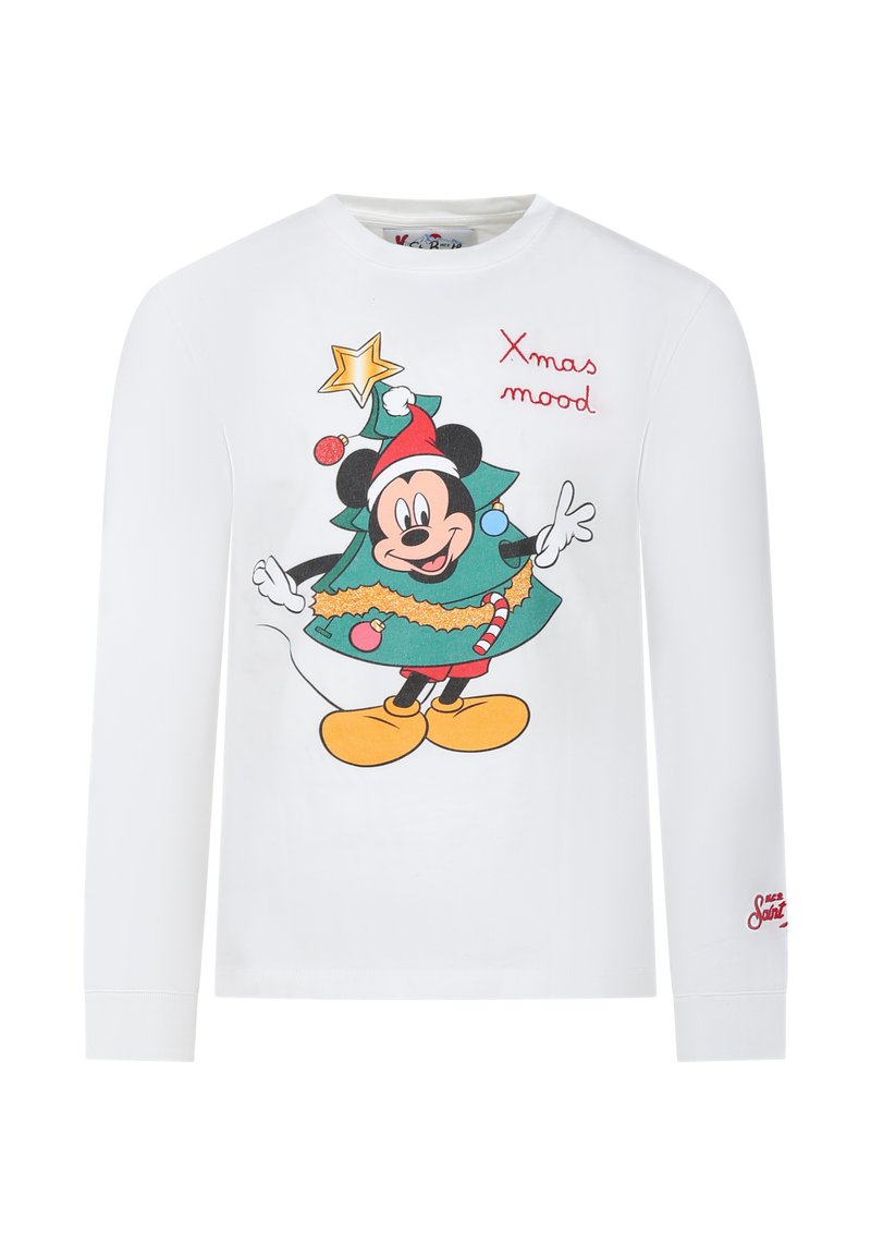 T-shirt à manches longues blanc présentant un personnage de dessin animé ressemblant à un sapin de Noël, avec des accents colorés, un texte rouge "Humeur de Noël" et un détail de tag.