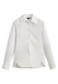 Chemise blanche à manches longues en tissu lisse, avec col classique, patte de boutonnage à l'avant, ourlet arrondi et petites fentes sur les côtés en bas.