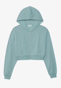 Sudadera cortada con cremallera en verde menta claro, hecha de tela suave. Presenta una capucha forrada y un bolsillo frontal tipo canguro. Mangas largas y ajustadas.