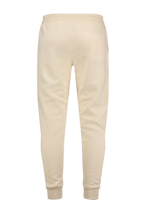 Beige Sweatpants mit elastischem Bund und Bündchen, ausgestattet mit einer einzelnen Gesäßtasche und einem glatten Baumwoll-Mischgewebe.
