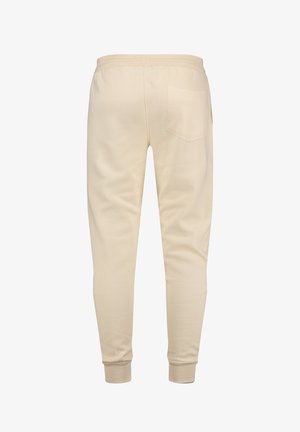 Beige sweatpants met elastische tailleband en boorden, voorzien van een enkele achterzak en een gladde katoenmix stof.