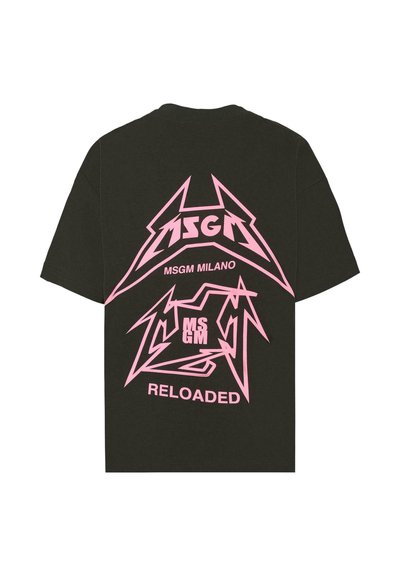 Zwarte katoenen t-shirt met grote roze grafische afbeelding op de achterkant, met de teksten "MSGM," "MILANO," en "RELOADED" in vetgedrukte, gestileerde tekst.