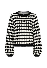 Schwarz-weißer, kurz geschnittener Pullover mit Rautenmuster, langen Ärmeln und einem gerippten Halsausschnitt. Weicher, strukturierter Strickstoff.