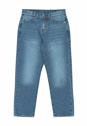 Blue denim jeans with a straight-leg cut, featuring a classic five-pocket design and visible stitching. The fabric has a faded wash texture.