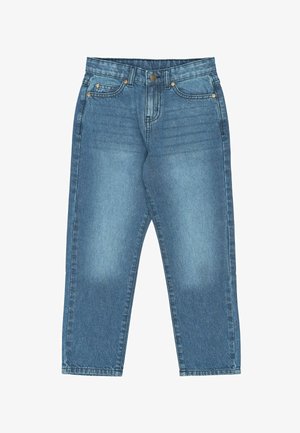 Blauwe denim jeans met een rechte pijp, voorzien van een klassieke vijf-pocket ontwerp en zichtbare stiksels. De stof heeft een vervaagd was effect.