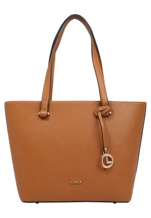 Brown synthetic tote bag with a structured shape, two handles, and a decorative strap with a gold ring accent. LCREDI logo on front.