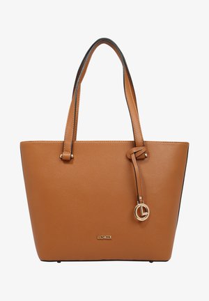 Braune synthetische Tragetasche mit strukturiertem Design, zwei Griffen und einem dekorativen Riemen mit goldfarbenem Ringakzent. LCREDI-Logo auf der Vorderseite.