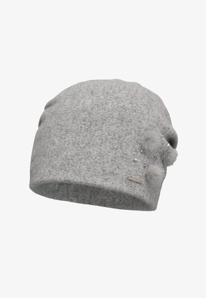Bonnet tricoté gris avec une texture douce, présentant deux pompons en fausse fourrure gris et de petites perles décoratives d'un côté.