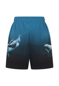 Pantaloni da bagno in blu sfumato con stampa di balena; tessuto leggero, cintura elastica e texture liscia.