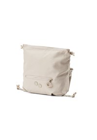 Beige Nylon Tasche mit Reißverschluss oben, Fronttasche, zwei runden Akzenten und einer Kordelzugverschluss auf jeder Seite. Glatte Textur, kompaktes Design.