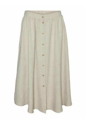 Knee-length beige skirt made of textured fabric with a button front, elastic waistband, and a flowing design.