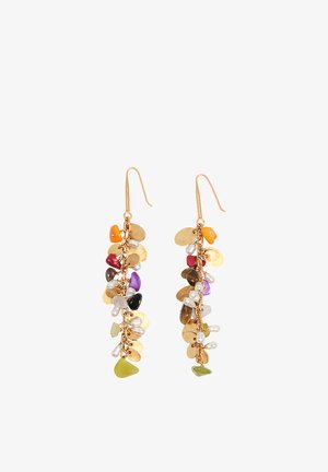 Boucles d'oreilles pendantes en or avec perles multicolores, perles et disques plats en or, suspendues dans un design en grappes en cascade.