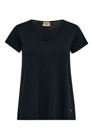 Black organic cotton t-shirt with a V-neck, short sleeves, loose fit, and a subtle logo accent at the hem. Soft, lightweight texture.