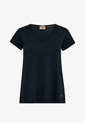 Črna bombažna majica iz organskih materialov z V-izrezom, kratkimi rokavi, ohlapnim krojem in diskretnim logotipom na roba. Mehak, lahek material.