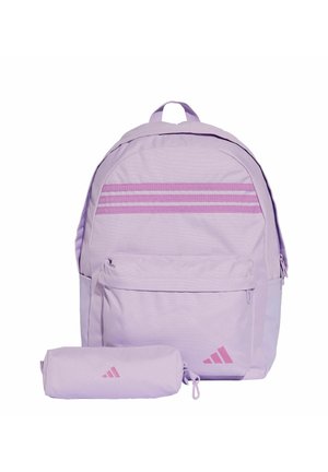 Purple fabric backpack with a rounded shape, featuring pink stripes and a front zip pocket. Includes a matching roll-up pouch.
