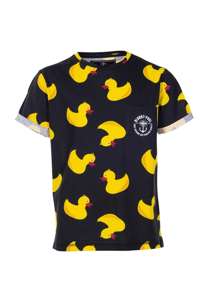 T-shirt in navy fabric with short sleeves. Features yellow rubber duck patterns and a chest pocket with a white logo print.