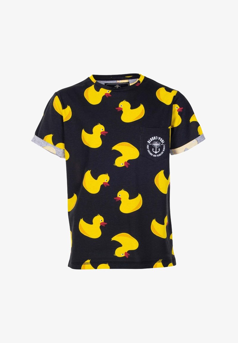 T-shirt in navy fabric with short sleeves. Features yellow rubber duck patterns and a chest pocket with a white logo print.