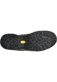 Schwarze Gummisohle mit einem strukturierten Profil und gelbem Vibram-Logo. Besitzt Rillen und Vorsprünge für Traktion und Haltbarkeit.